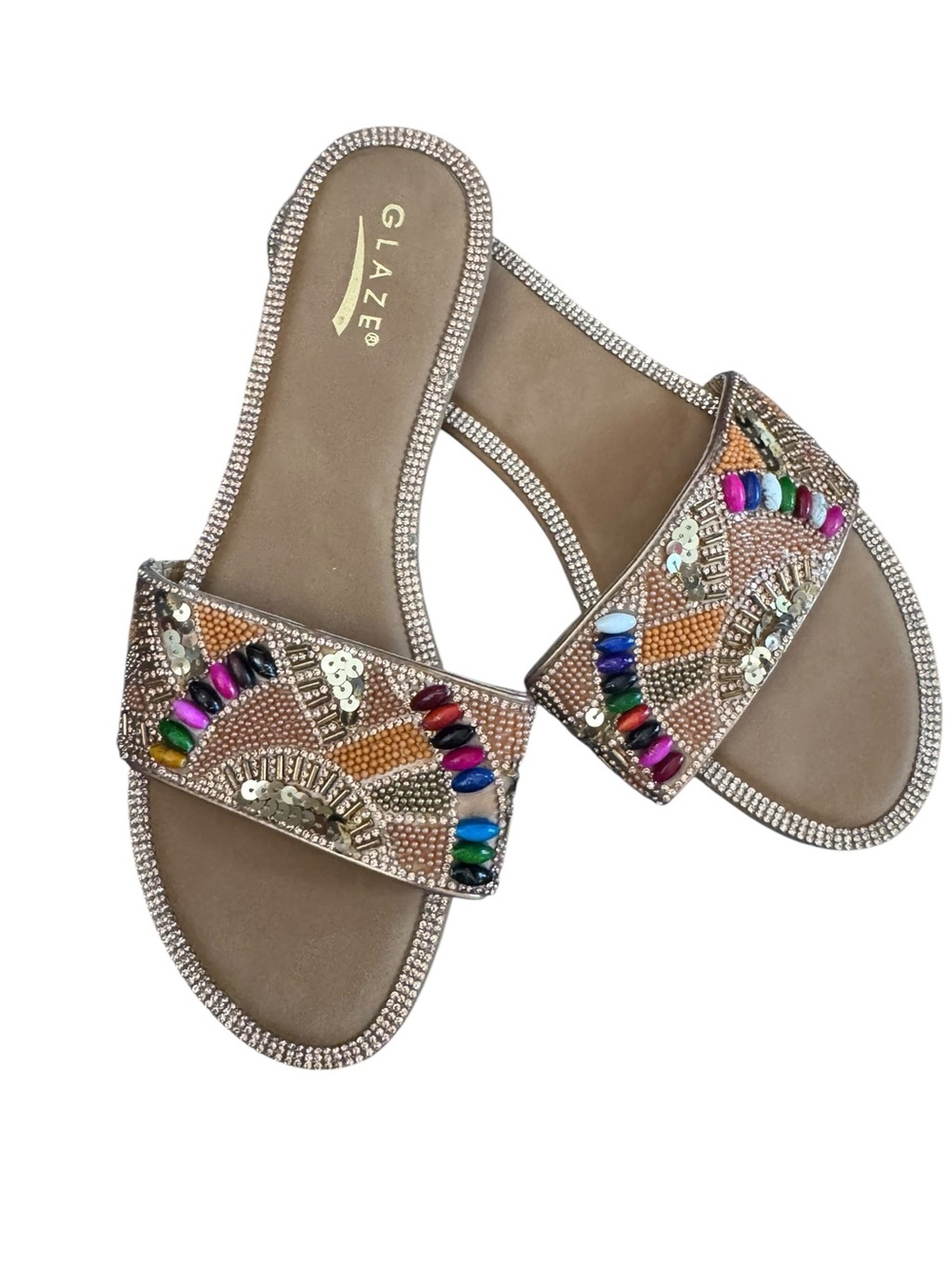 GLAZE Beige Embellished Multicolor Beaded Slide Sandals new with out tags